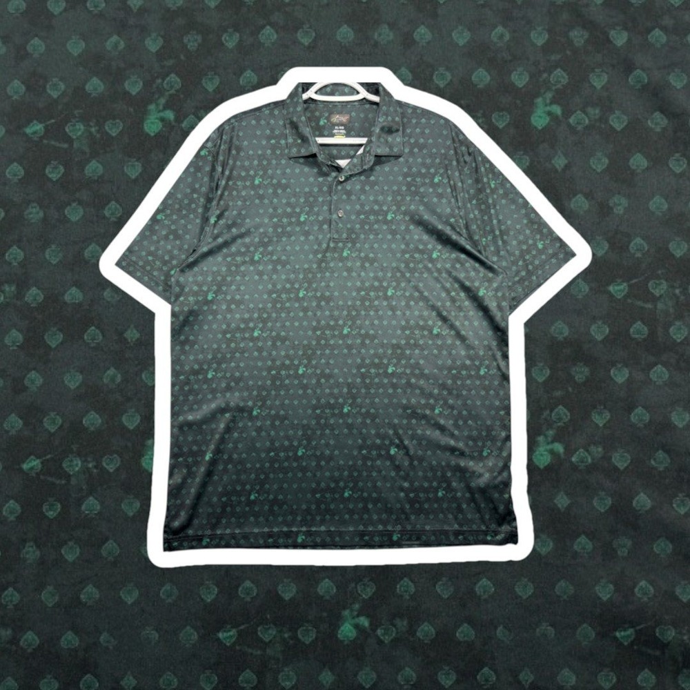 Greg Norman Mens XL Card Suit Print Golf Polo Shirt Black Green Short Sleeve